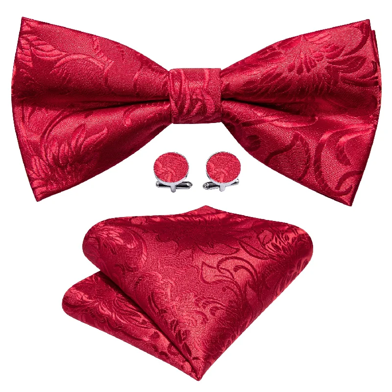 Red Paisley Pre-tied Bow Tie Hanky Cufflinks Set