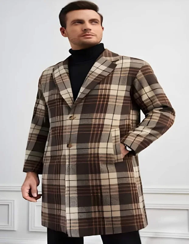 Mens Plaid Overcoat - Hounstooth Checker Pattern Topcoat - Two Button Multi-color