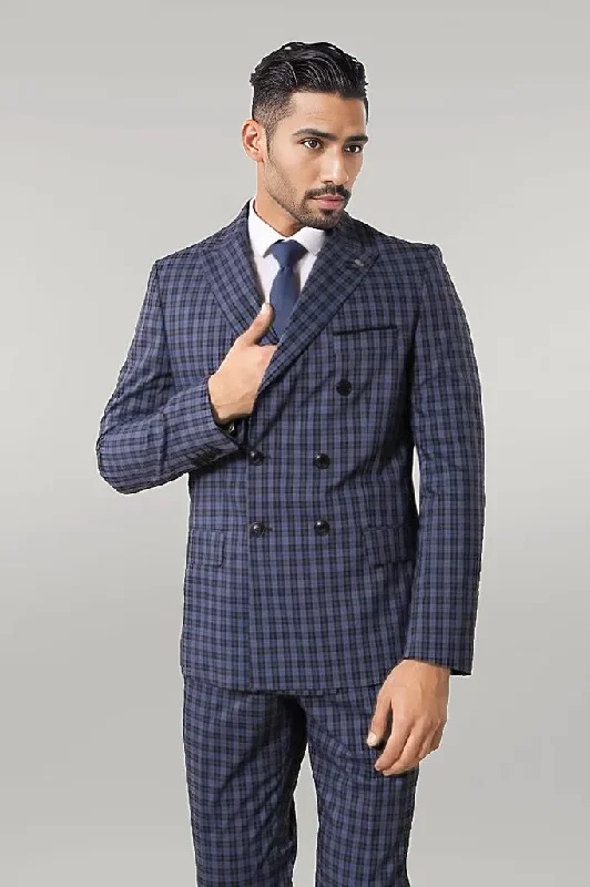 Plaid Navy Blue Men's Double Breasted Suit | Wessi