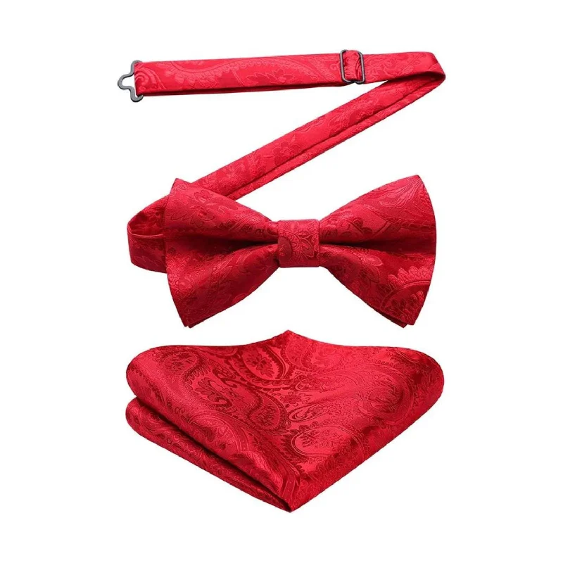 Paisley Pre-Tied Bow Tie & Pocket Square - RED