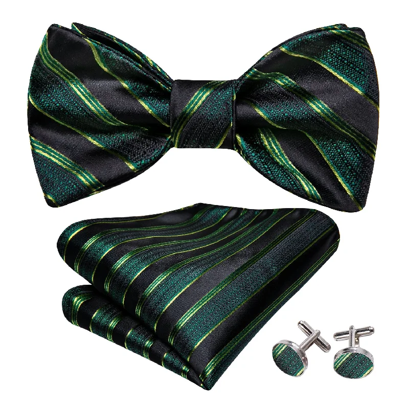 Green Black Striped Bow Tie Hanky Cufflinks Set