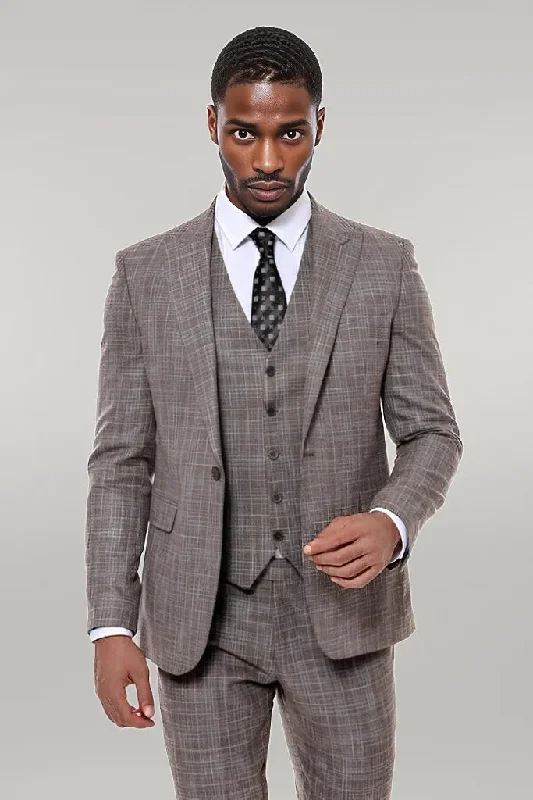 Patterned Vested Slim-Fit Dark Beige Men’s Suit - Wessi