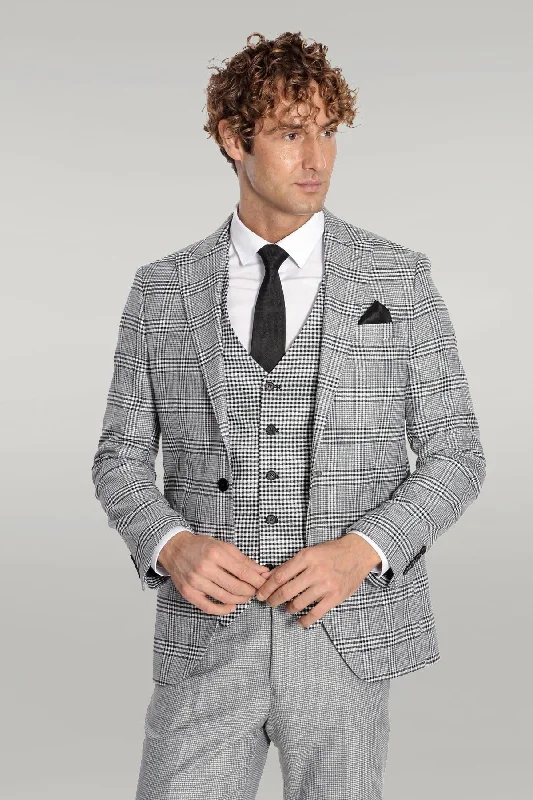 Slim Fit Patterned Checked Grey Men Suit - Wessi