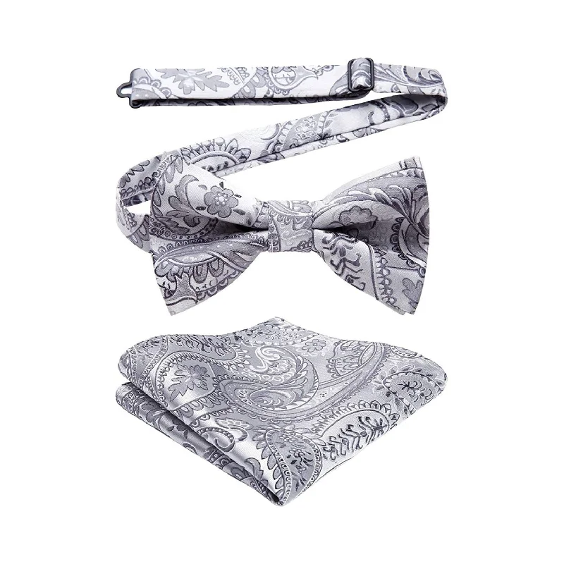 Paisley Pre-Tied Bow Tie & Pocket Square - B-GREY 1