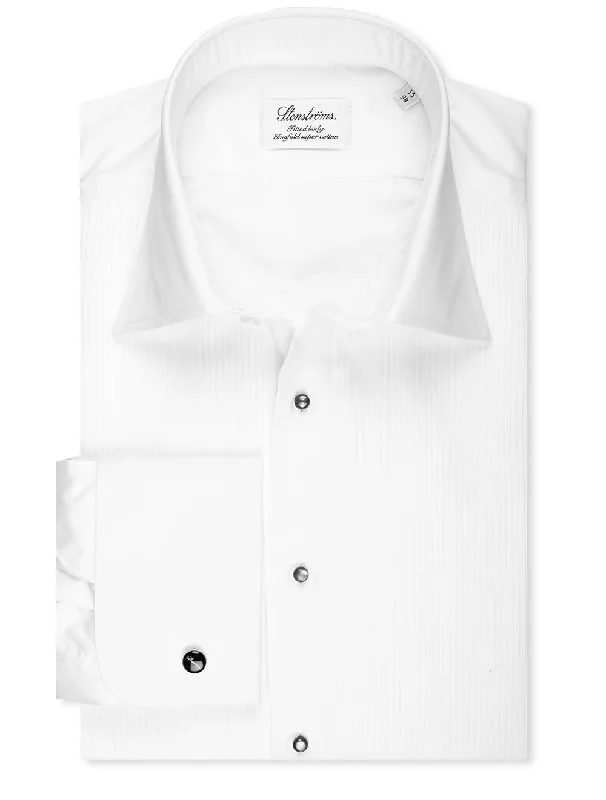 White Pleated Cotton Fitted Body Dress Shirt