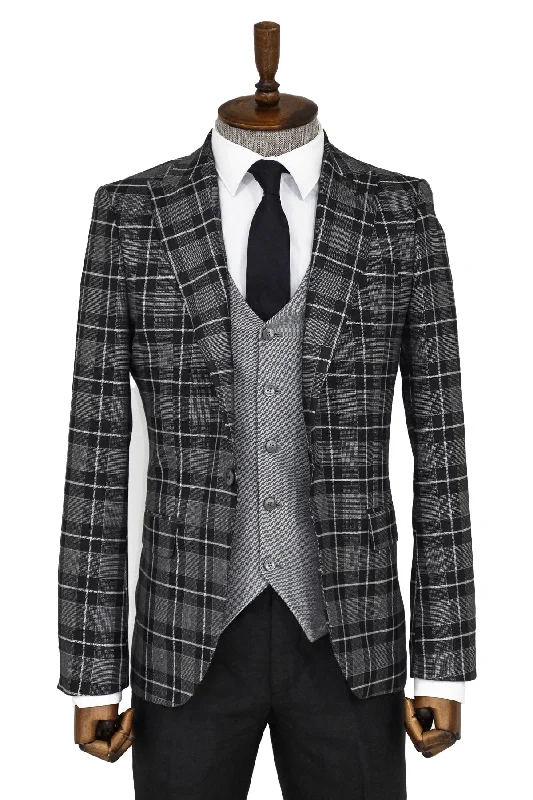 Slim Fit Checked Black Men Suit and Shirt Combination - Wessi