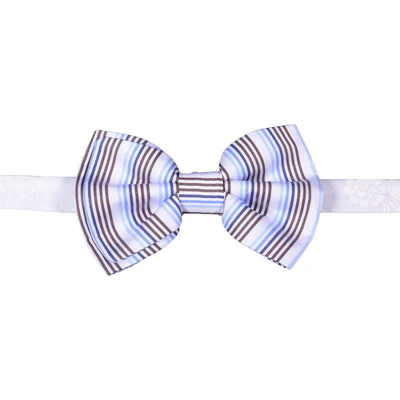 White bowtie with blue and brown vertical stripes