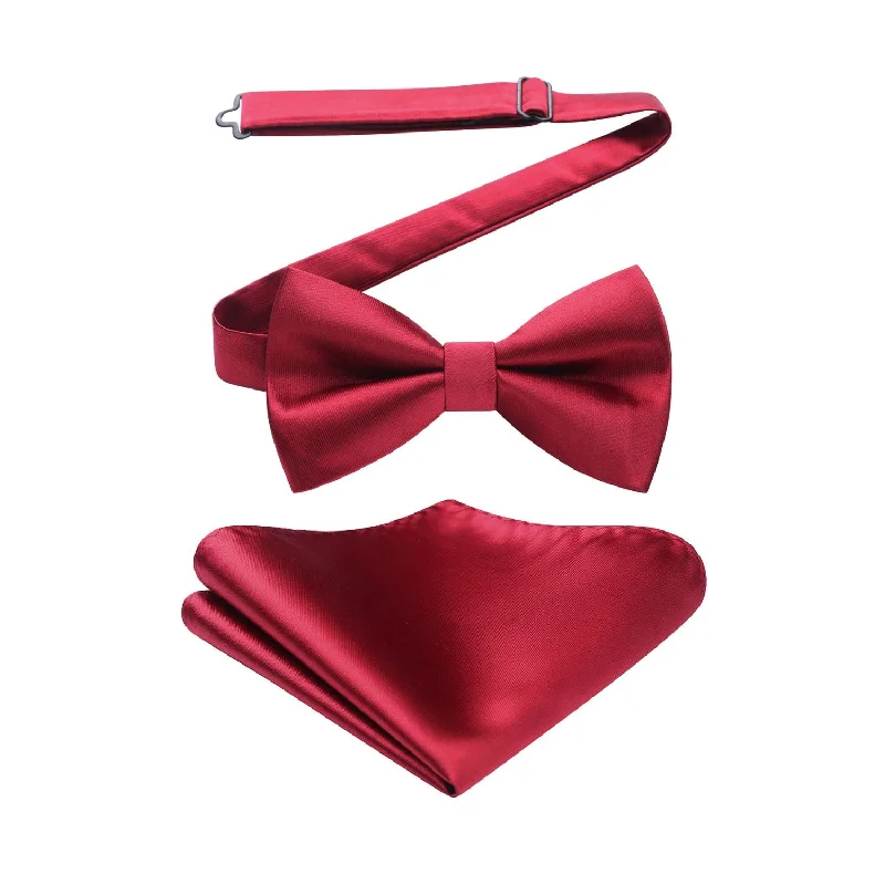 Solid Pre-Tied Bow Tie & Pocket Square - U-BURGUNDY 1