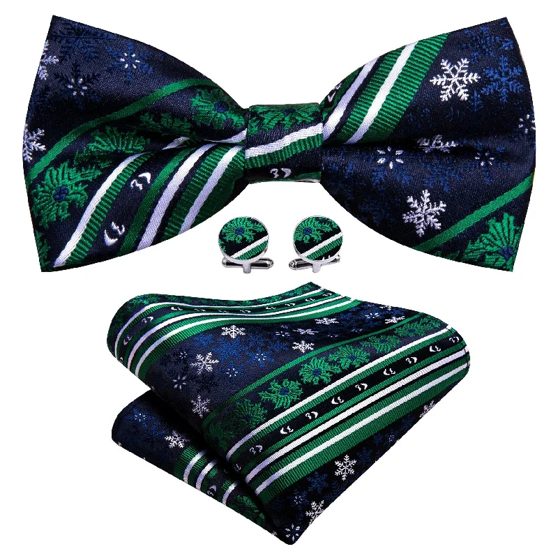 Barry Wang Christmas Blue Green Snowflake Silk Bow Tie Hanky Cufflinks Set