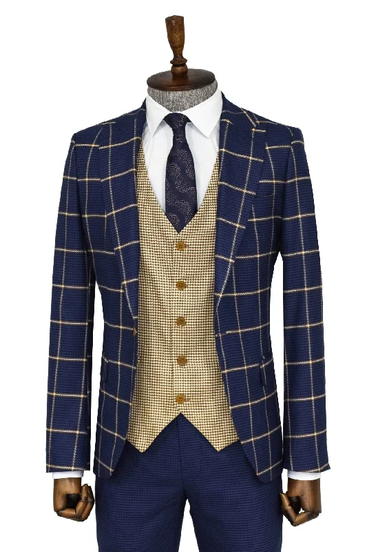 Checked Patterned Slim Fit Navy Blue Men Suit and Shirt Combination - Wessi