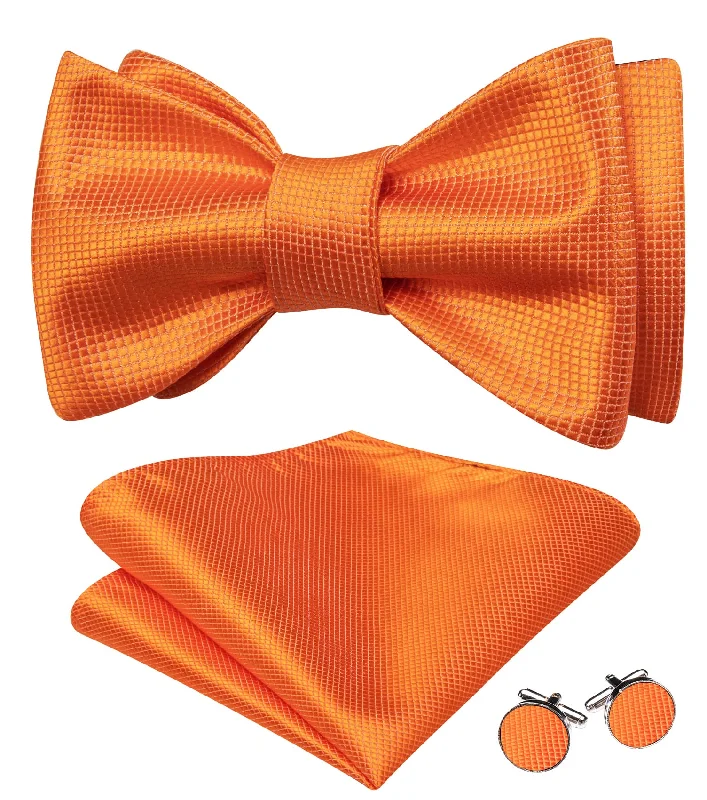 Barry Wang Orange Tie Mens Self-Tied Bowtie Hanky Cufflinks Set