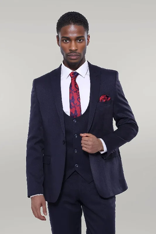 Patterned Navy Blue Vested Suit | Wessi