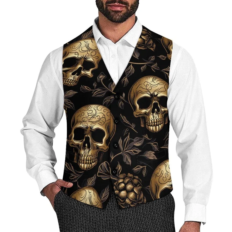 Men's Gold Skull Leaves Sleeveless Suit Vest