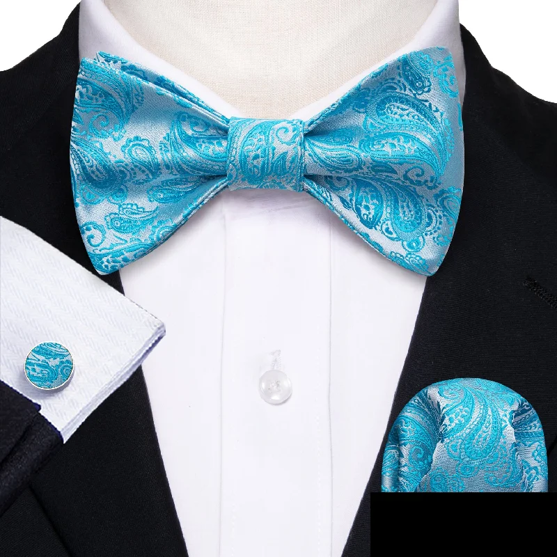 Barry Wang Mens Blue Silver Paisley Silk Bow Tie Hanky Cufflinks Set