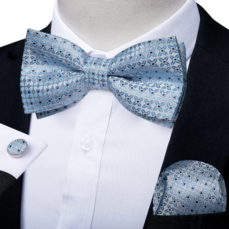 Baby Blue Plaid Men's Pre-tied Bowtie Pocket Square Cufflinks Set