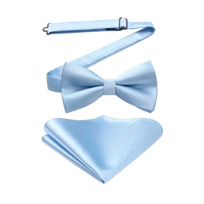 Solid Pre-Tied Bow Tie & Pocket Square - B-BLUE 1