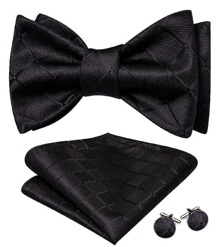 Ties2you Tuxedo Bow Tie Black Plaid Men's Silk Self-Bow Tie Pocket Square Cufflinks Set