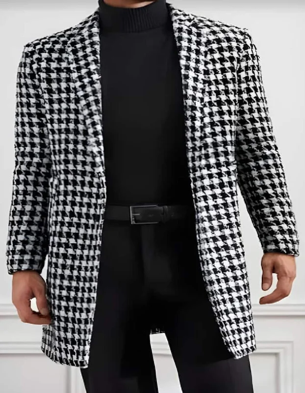 Mens Plaid Overcoat - Hounstooth Checker Pattern Topcoat - Notch Lapel Black