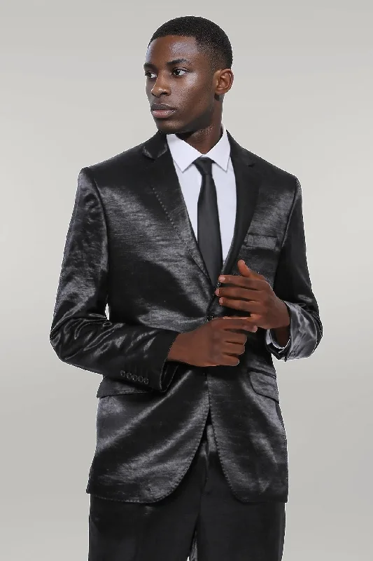 Two Piece Two Buttons Patterned Satin Black Men Suit