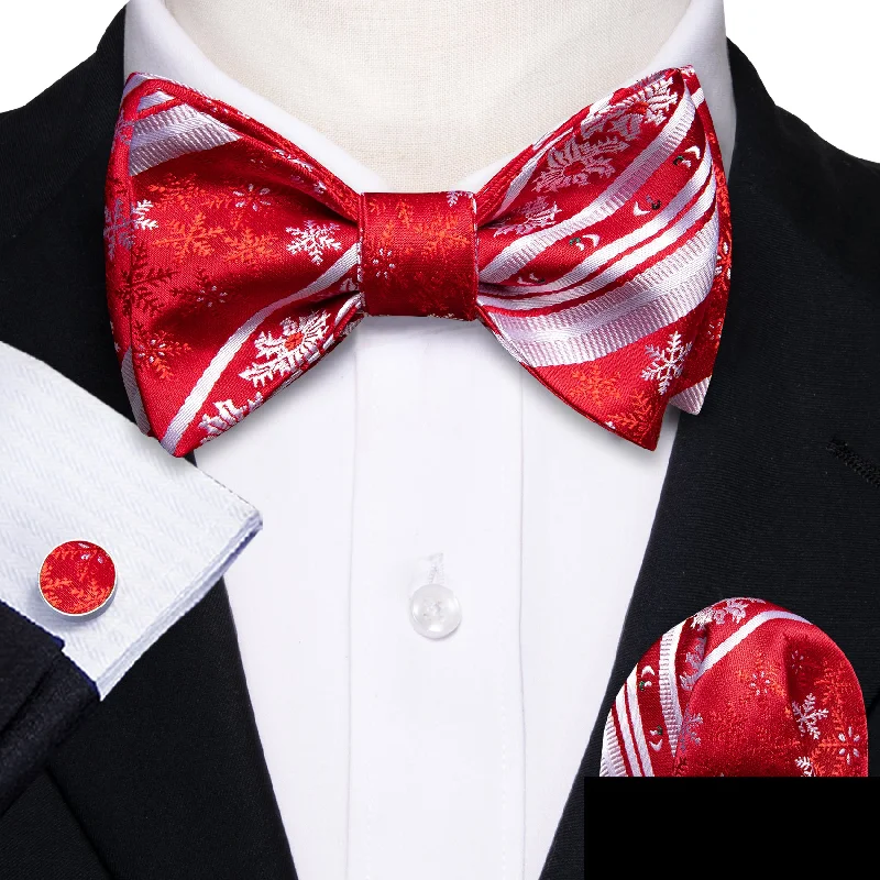 Christmas Red White Snowflake Self Tied Bow Tie Hanky Cufflinks Set