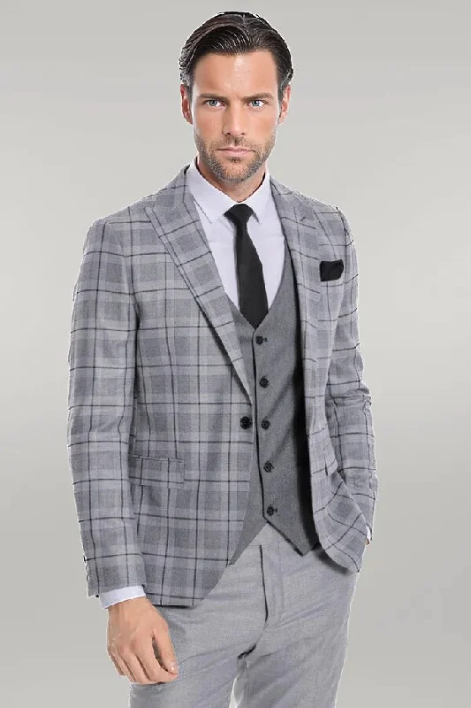 Slim Fit Checked Grey Men Suit - Wessi