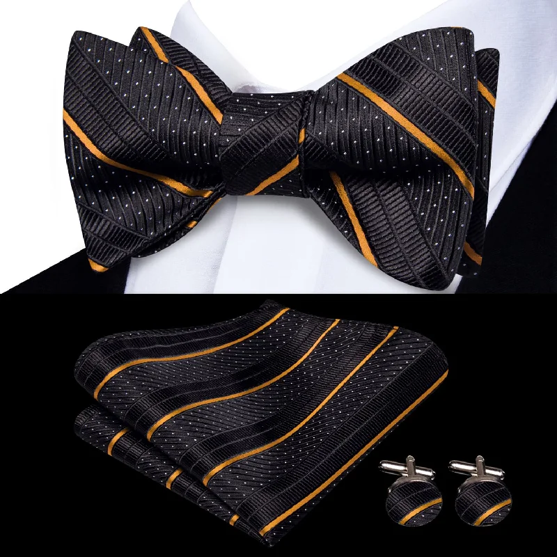 Ties2you Self-tie Bow Ties Black Golden Striped Silk Mens Business Bowtie Set