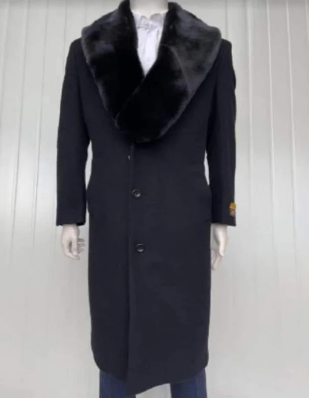 Mens Full Length Wool and Cashmere Overcoat - Winter Topcoats - Black Coat