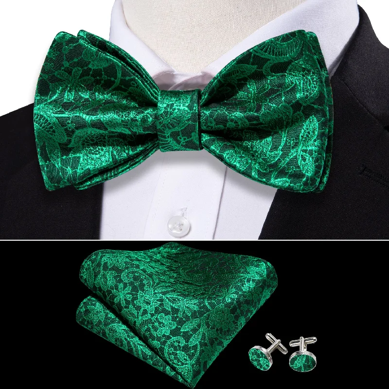 Green Floral Self Tie Bow Tie Hanky Cufflinks Set