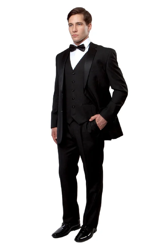 Classic Black Slim Fit Tuxedo with Satin Notch Lapel - MT400-01