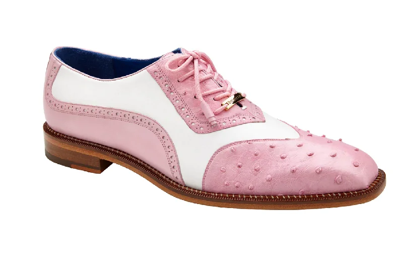 Belvedere Ostrich Quill & Italian Leather Wing Tip Shoes for Men in Rose Pink/White - Sesto!