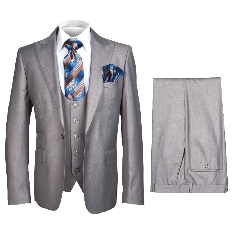 Rossiman 3 Piece Peak Lapel Vested Suit - Light Grey