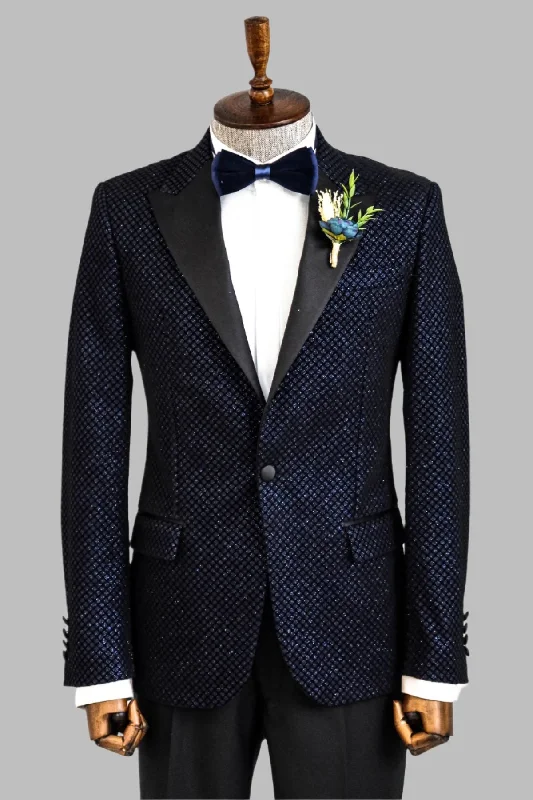 Black Patterned Over Navy Blue Men Party Blazer - Wessi