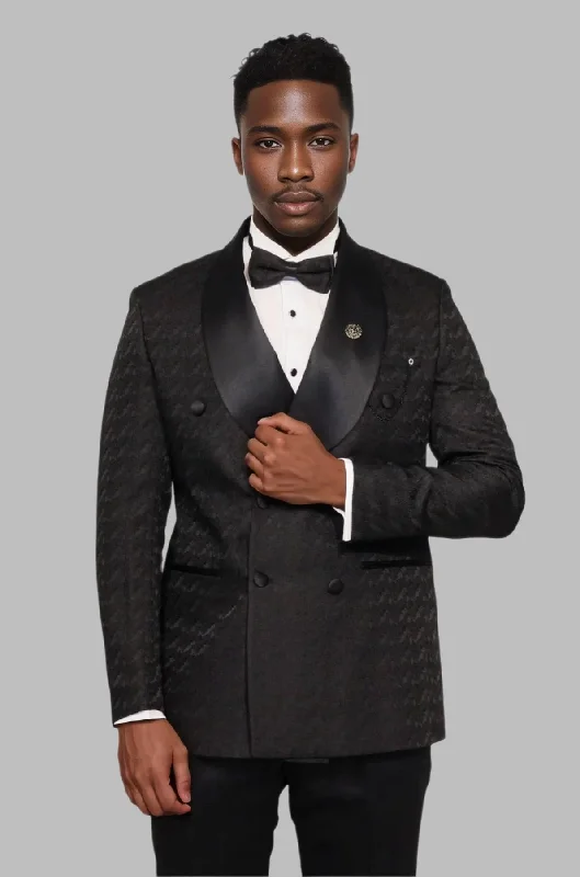 Satin Shawl Collar Patterned Double Breasted Black Men Tuxedo Suit - Wessi