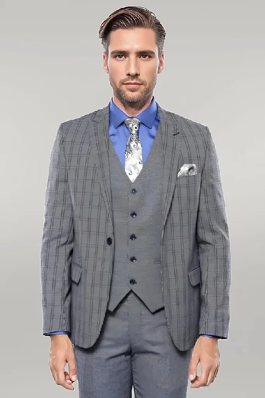 Plaid Navy Slim-Fit Vested Suit | Wessi