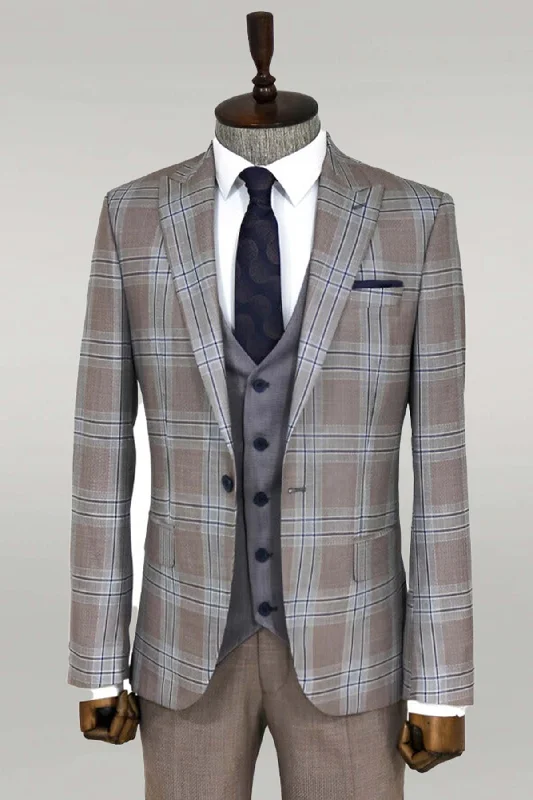 Slim Fit Vested Light Brown Men Suit - Wessi