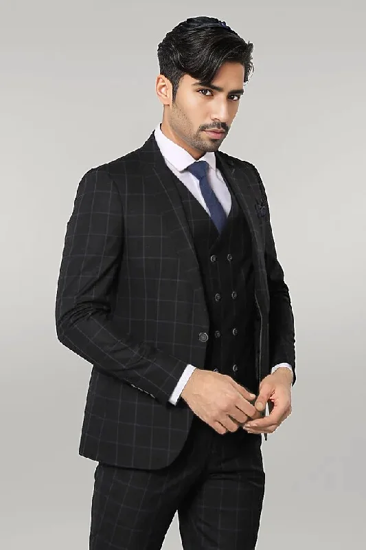 Black Checked 3 Piece Linen Suit | Wessi