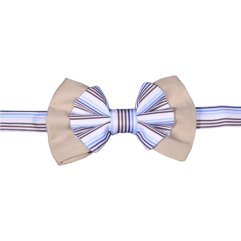 Tan bowtie and white with brown/blue stripes