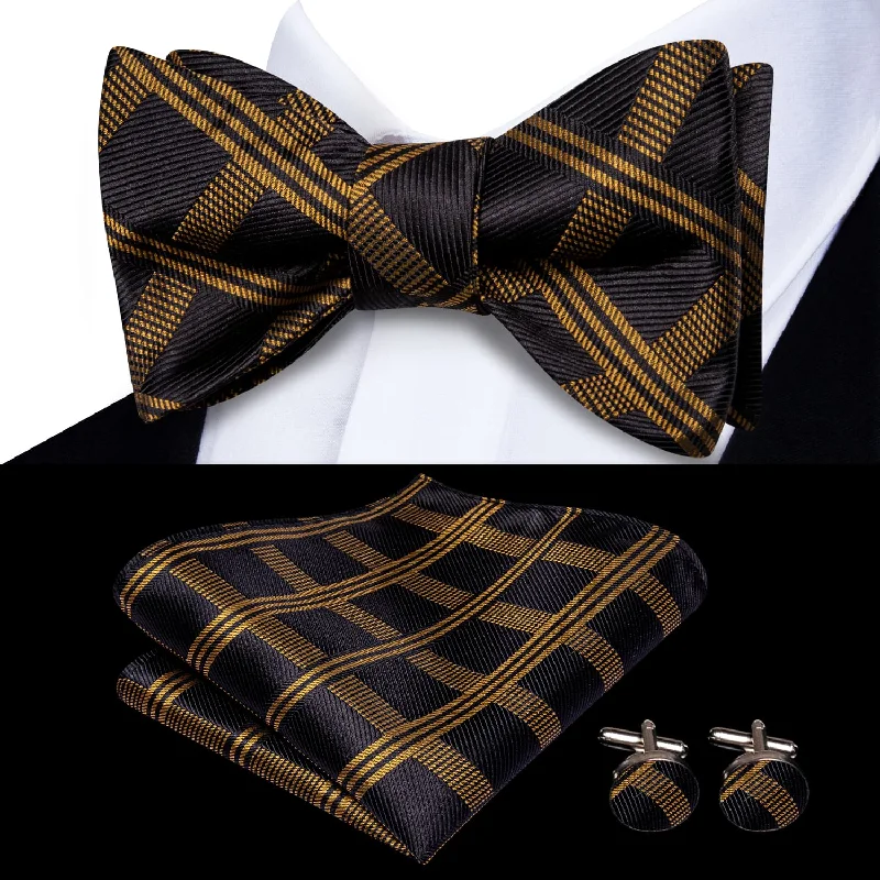 Ties2you Self-tie Bow Ties Black Golden Plaid Silk Mens Bowtie Handkerchief Cufflinks Set