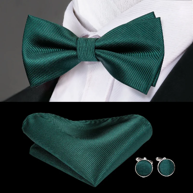 Ties2you Green Tie Solid Striped Pre-Tied Bow Tie Hanky Cufflinks Set