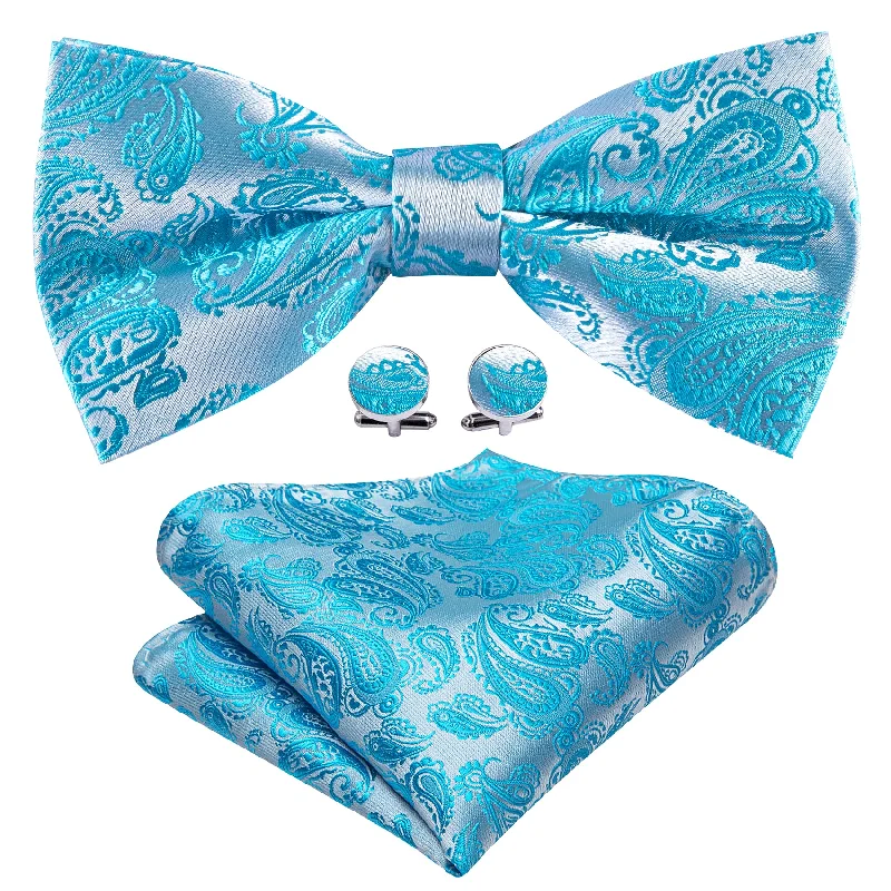 Pale Blue Silver Paisley Silk Bow Tie Hanky Cufflinks Set