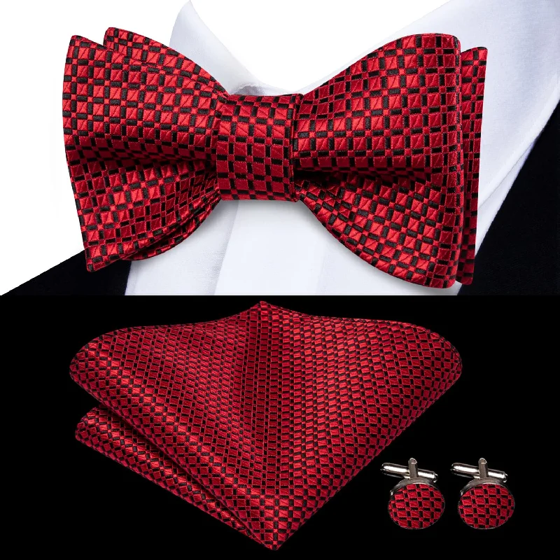 Ties2you Self-tie Bow Ties Pure Red Plaid Mens Silk Wedding Bowtie Pocket Square Cufflinks Set