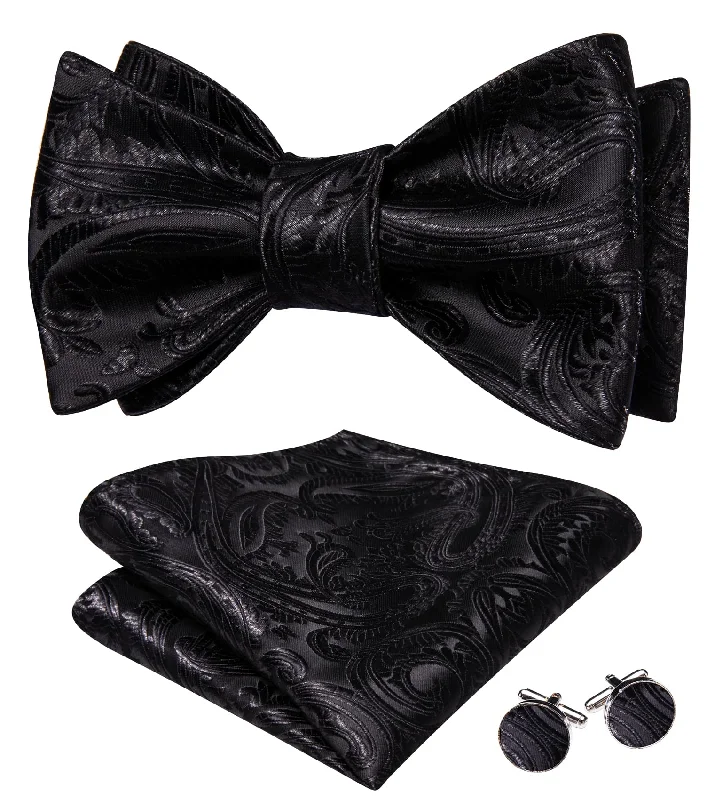 Ties2you Tuxedo Bow Tie Coal Black Paisley Men's Silk Self-Bow Tie Handkerchief Cufflinks Set