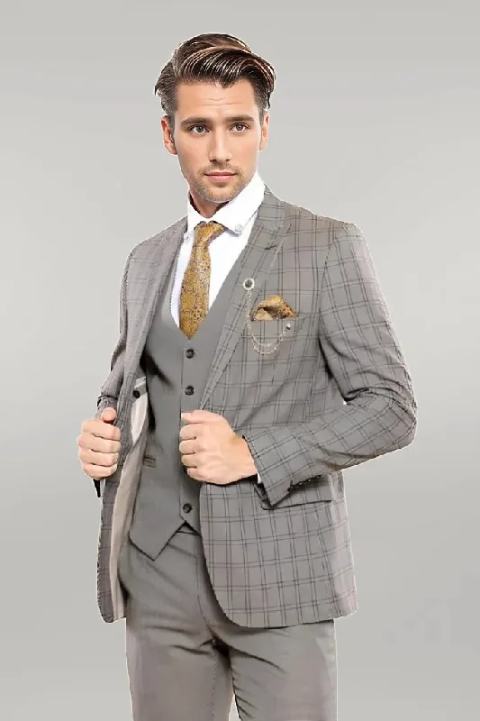 Checked Brown Vested Men's Suit | Wessi