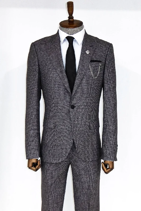 Slim Fit Houndstooth Patterned 2 Piece Grey Men Suit - Wessi