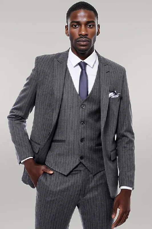 Striped Navy Blue Vested Suit - Wessi