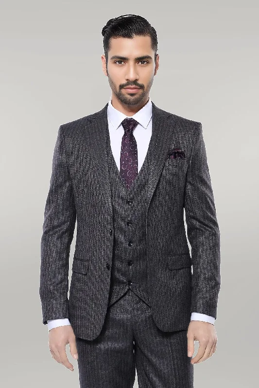 Striped Black Vested Suit - Wessi