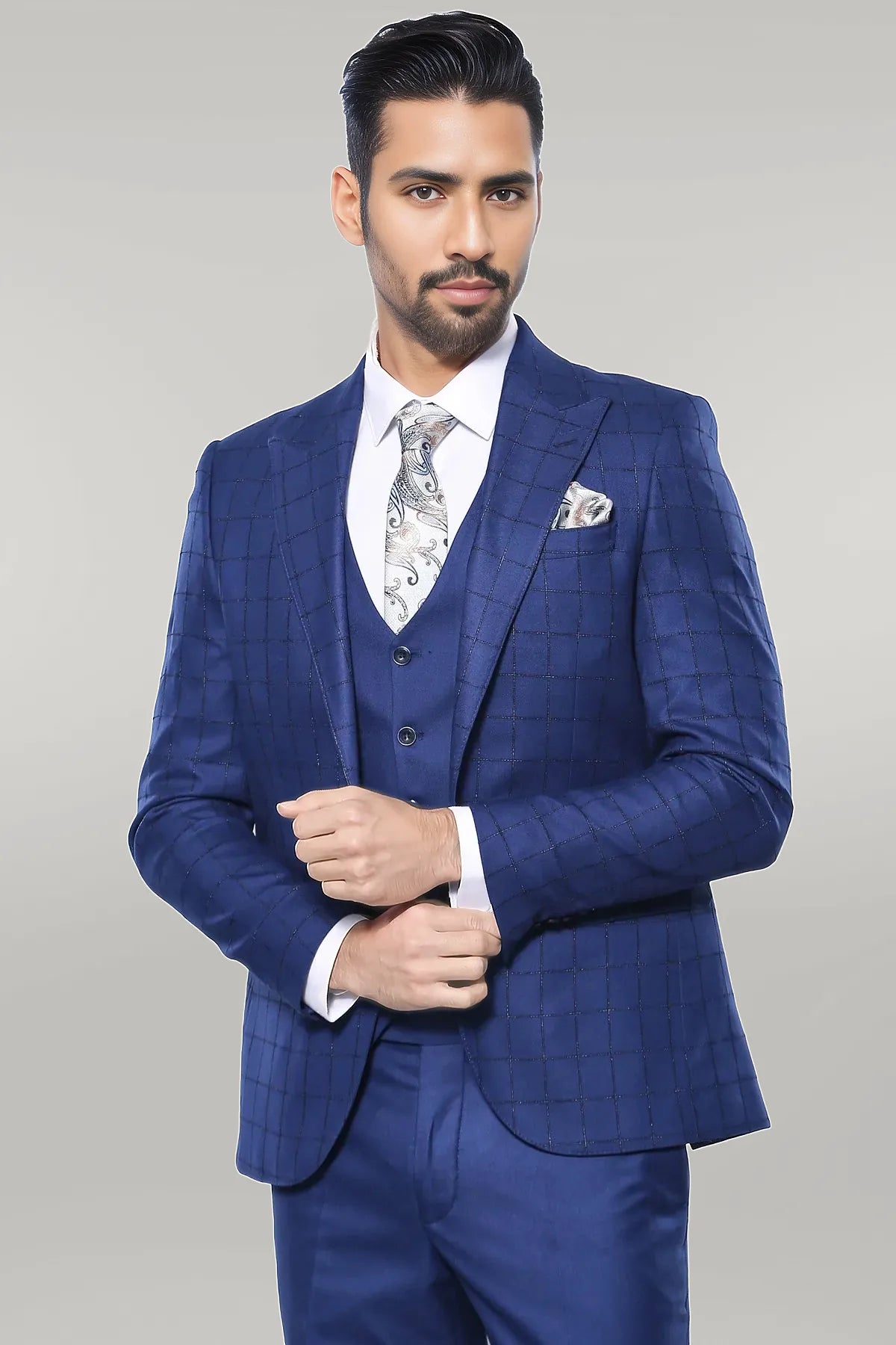 Blue Vested Suit With Plaid Blazer - Wessi