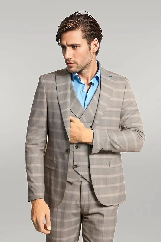 Single Button Peak Lapel 3-Piece Suit in Beige- Wessi