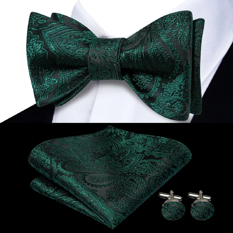 Ties2you Self-tie Bow Ties Sapphire Pine Green Paisley Silk Mens Bowtie Handkerchief Cufflinks Set