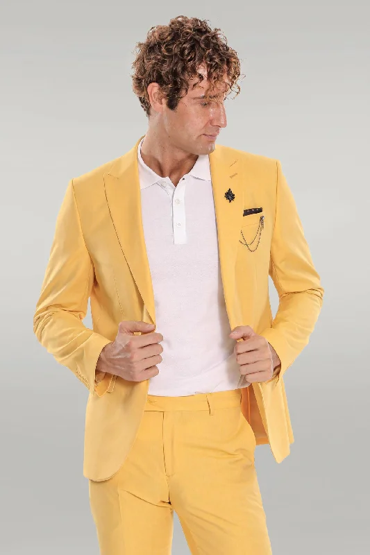 2 Piece Patterned Slim Fit Yellow Men Suit - Wessi